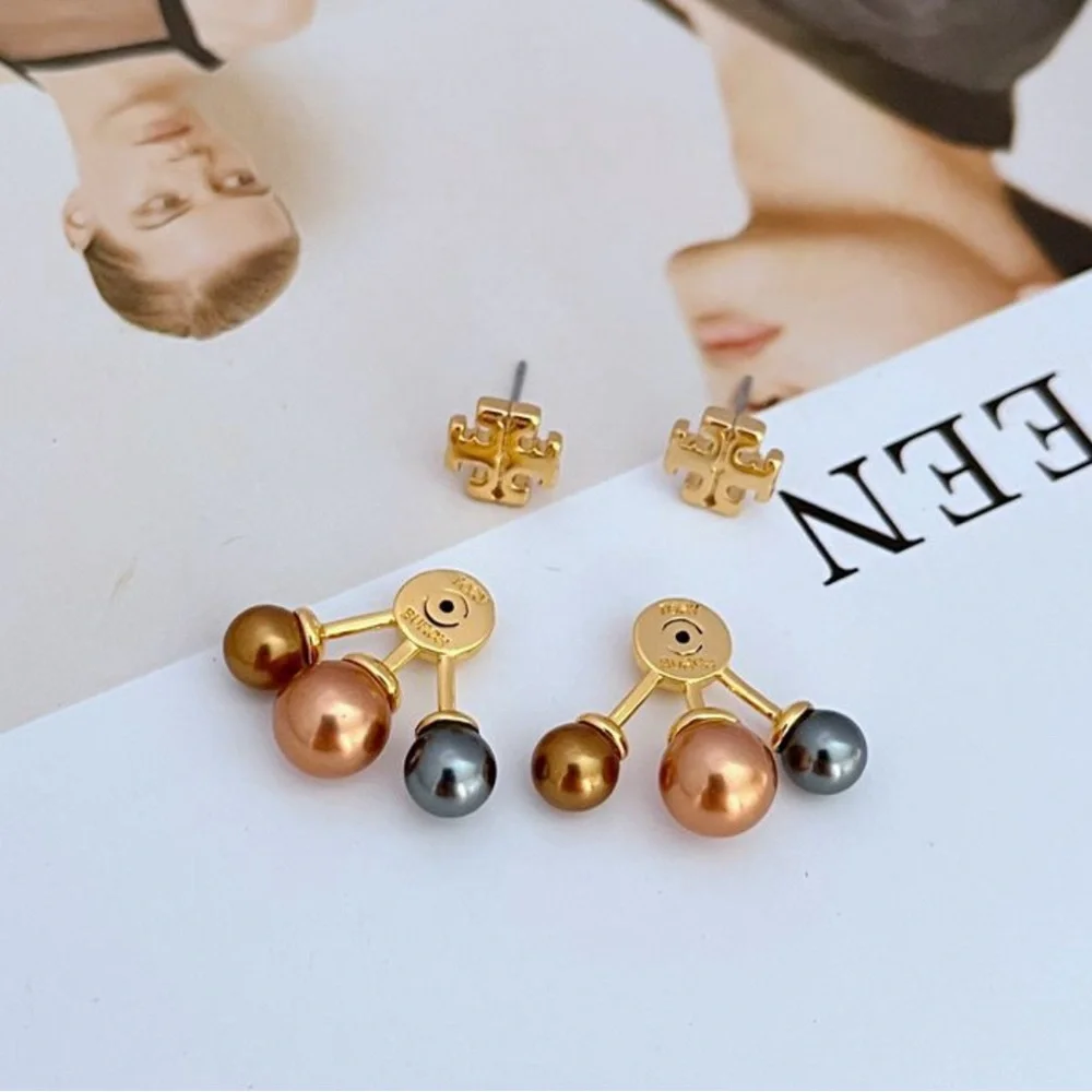 Tory Burch Gold and Brown Dangle 3 Pearl Earrings